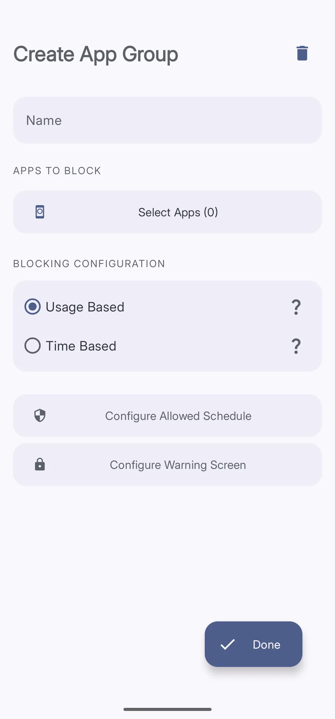 The Create App Group screen showing a Name field, Select Apps button, and Usage Based and Time Based radio options