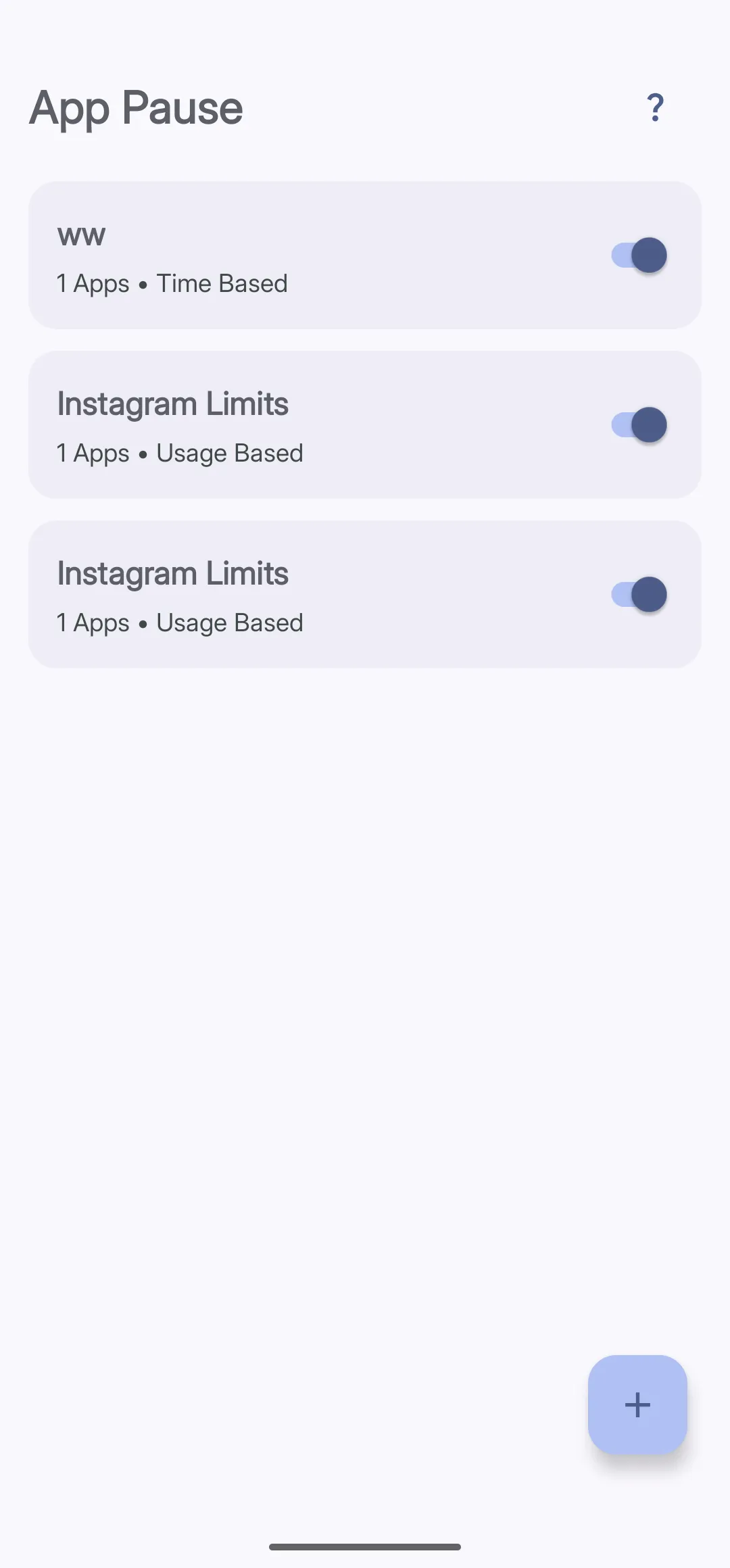 The App Pause screen showing three group cards, each with a name, app count, blocking mode label, and a toggle switch