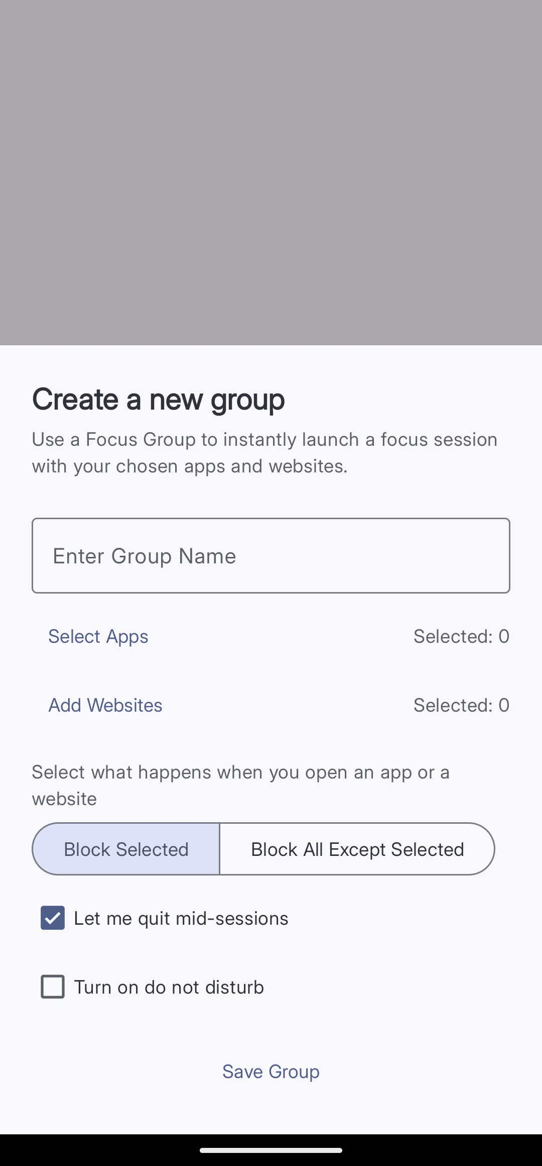 The Create a new group sheet showing fields for group name, Select Apps, Add Websites, block mode toggle, and two checkboxes