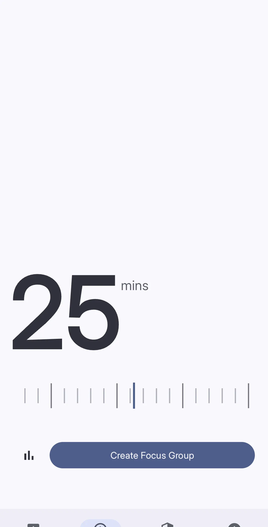 The Focus tab showing a large 25-minute timer with a horizontal scrubber and a Create Focus Group button