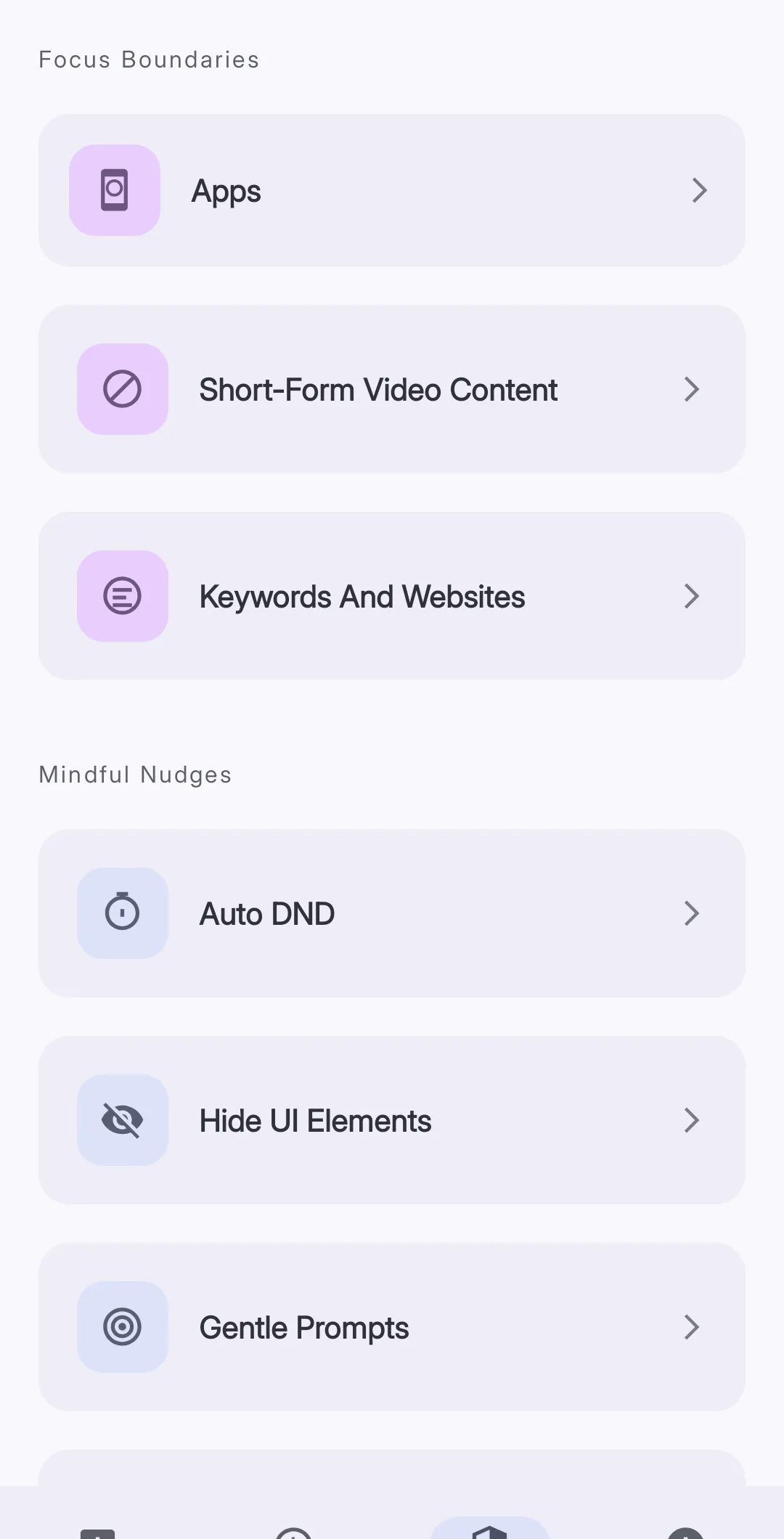 The top of the Reducers tab showing the Focus Boundaries section with Apps, Short-Form Video Content, and Keywords And Websites cards