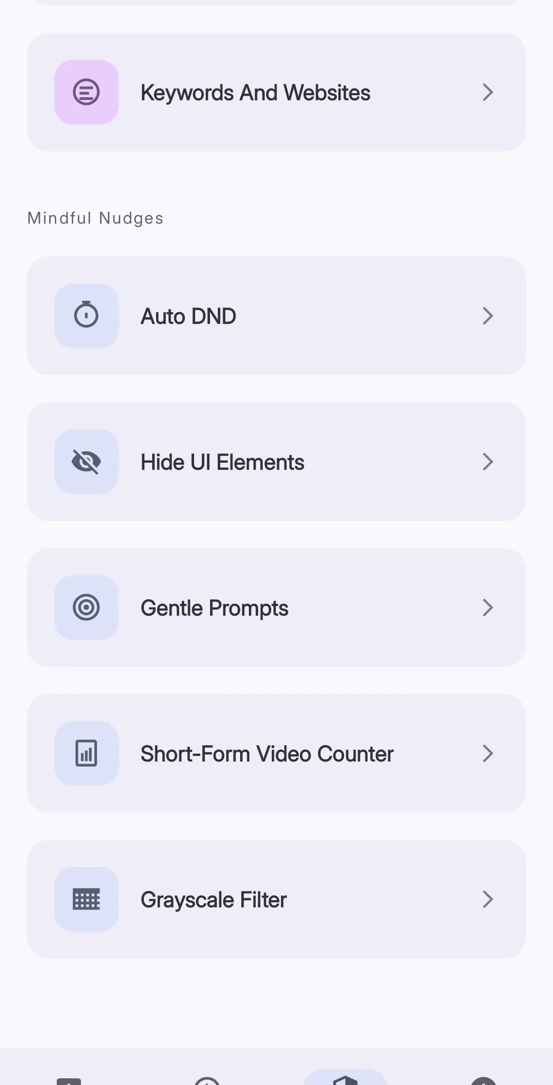 The Mindful Nudges section of the Reducers tab showing Auto DND, Hide UI Elements, Gentle Prompts, Short-Form Video Counter, and Grayscale Filter cards