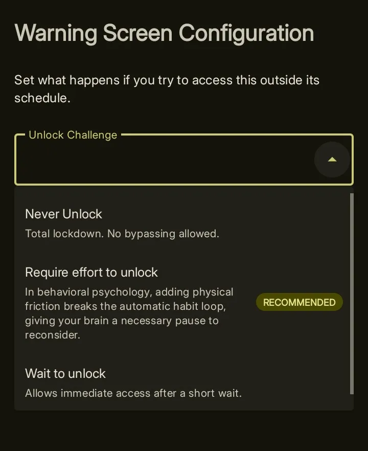 The Warning Screen Configuration screen showing the Unlock Challenge dropdown open with three options: Never Unlock, Require effort to unlock, and Wait to unlock