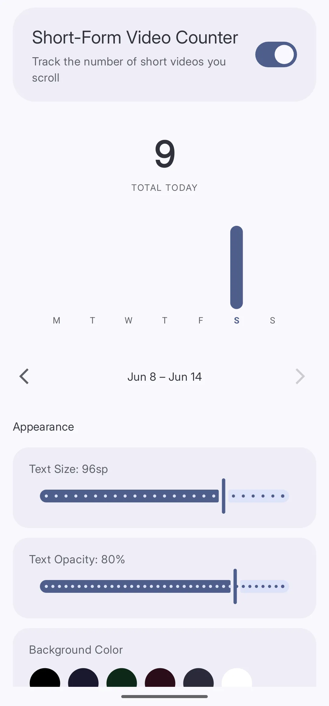 The Short-Form Video Counter screen showing a large number 9 labeled TOTAL TODAY above a weekly bar chart with a bar on Saturday, and Appearance sliders below